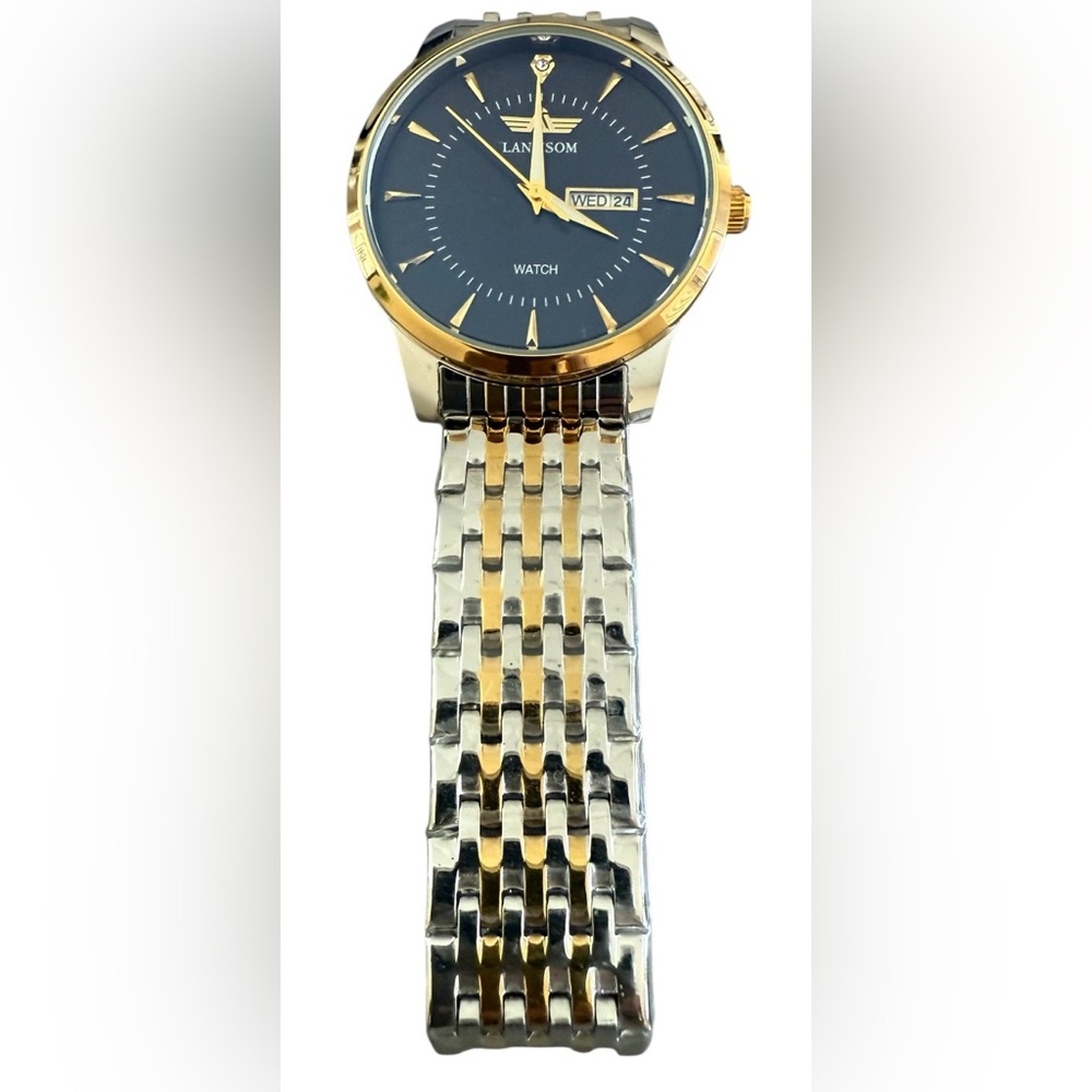 Lanmson Men’s waterproof watch steel, silver and gold tones with a black face